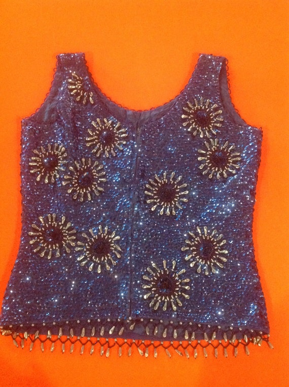 Beautiful Vintage Blue Sequin and Bead top with b… - image 2