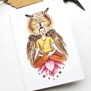 Carte de souhait hibou, homme qui médite, lotus, illustration aquarelle, carte de voeux, carte d'anniversaire, carte de fête, Greeting cards