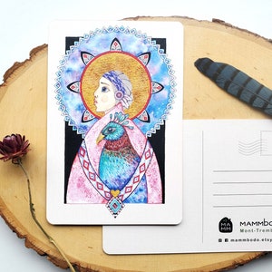 Carte postale paon "Sagesse", illustration aquarelle, carte de voeux, carte d'anniversaire, carte de fête, post card, art sacré