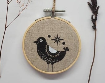 Wall decor, artwork, bird illustration, tree ornament, screen print on embroidery hoop