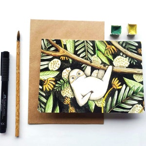 Greeting Card "Paoli the sloth", watercolor and pencil art illustration, greeting card, birthday card, wish card