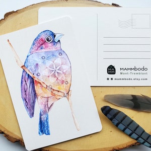 Carte postale oiseau "L'Univers en Soi", illustration aquarelle, carte de voeux, carte d'anniversaire, carte de fête, post card, art sacré