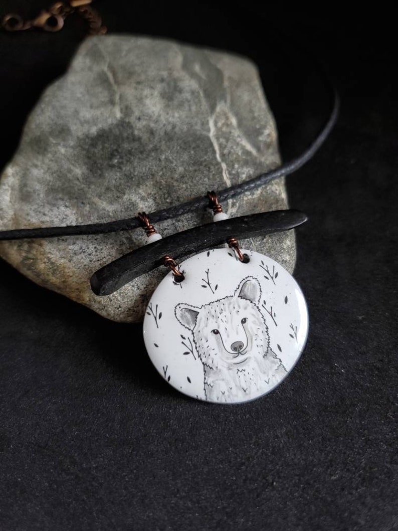 original bear necklace nature lover gift hand made animal totem animal woodland jewelry enamel on recycled copper one of a kind art