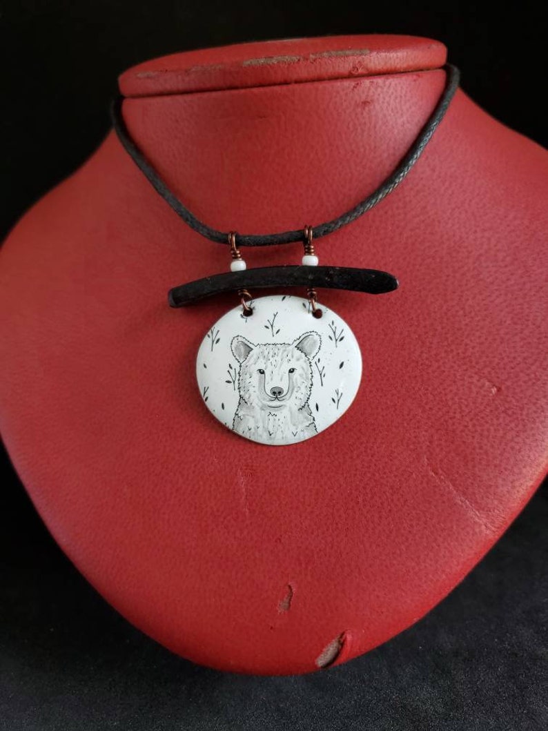 original bear necklace nature lover gift hand made animal totem animal woodland jewelry enamel on recycled copper one of a kind art