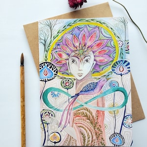 Greeting Card "The charmeuse", watercolor and pencil art illustration, greeting card, birthday card, wish card