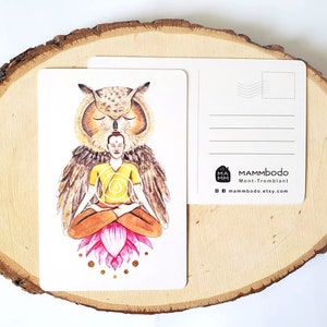 Carte postale hibou, homme, lotus, illustration aquarelle, carte de voeux, carte d'anniversaire, carte de fête, post card, art sacré