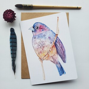 Carte de souhait oiseau "L'Univers en Soi", illustration art aquarelle et crayon, carte de voeux, carte d'anniversaire, greeting card