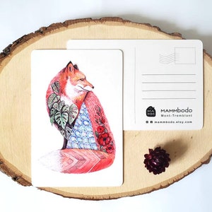 Carte postale renard, illustration aquarelle et crayons de bois, carte de voeux, carte d'anniversaire, fox post card, art sacré