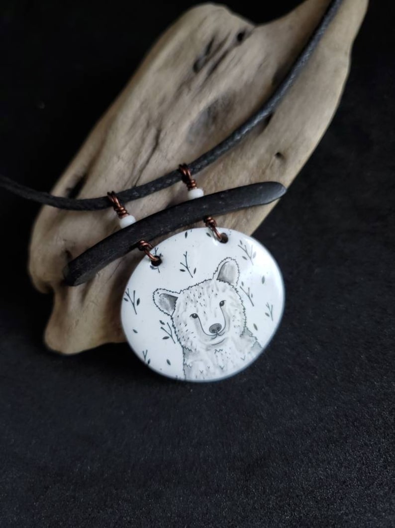 original bear necklace nature lover gift hand made animal totem animal woodland jewelry enamel on recycled copper one of a kind art