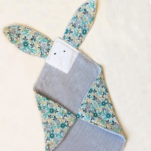 Crinkle Ears Bunny Lovey - Teal/Navy Floral with Grey Chenille