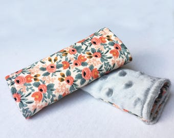 Car Seat Strap Covers-Reversible-Peach Rosa Floral w/ Grey Minky Dot