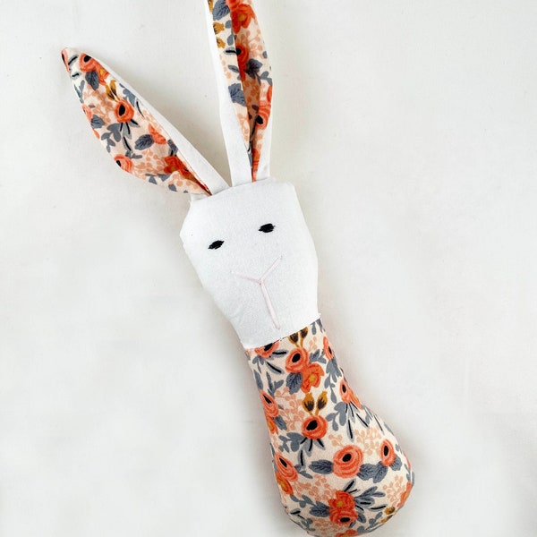 Crinkle Ears Bunny Rattle - Rifle Paper Co's Peach Rosa Floral and Cream with Jingle Ball Rattle