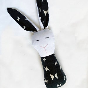 Crinkle Ears Bunny Rattle - Modern Gender Neutral High Contrast Boho Black and White Hourglass Triangles w/ Jingle Bell Rattle