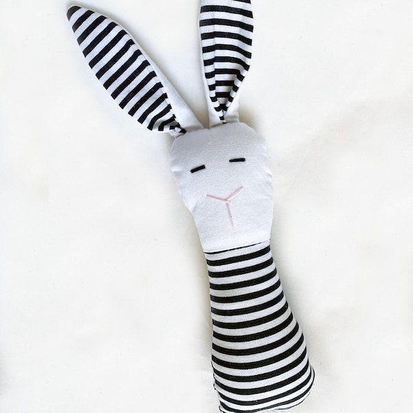 Crinkle Ears Bunny Rattle - Modern Boho High Contrast Black and White Stripes w/ Jingle Bell Rattle