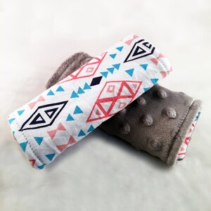 Car Seat Strap Covers - Reversible - Pink/White/Blue Geometric Tribal Modern w/ Grey Minky Dot