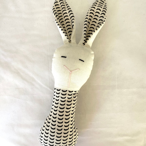 Crinkle Ears Bunny Rattle - Modern Boho Gender Neutral Black and White High Contrast Crescent Moons w/ Jingle Ball Rattle