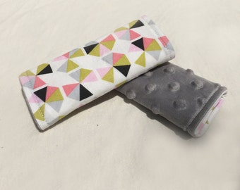 Car Seat Strap Covers-Reversible- Pink Green Grey Black Geometric w/ Grey Minky Dot