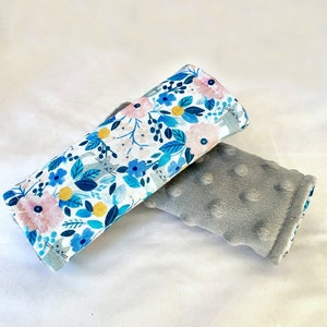 Car Seat Strap Covers - Reversible - Teal/Blue/Pink Floral Kitty Cats w/ Grey Minky Dot