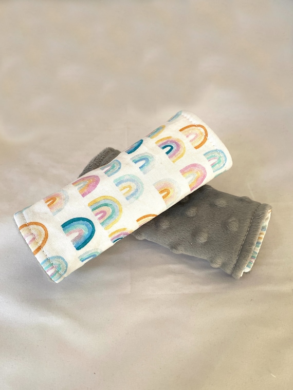 Car Seat Strap Covers - Reversible - Watercolor Pastel Boho Rainbow Baby w/ Grey Minky Dot