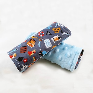 Car Seat Strap Covers - Reversible - Pirate Ship Buried Treasure Parrot w/ Blue Minky Dot