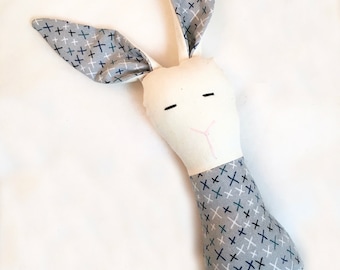 Crinkle Ears Bunny Rattle - Soft Rattle Gender Neutral Gray/Teal/Blue/White Modern Baby Toy w/ Jingle Ball Rattle