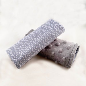Car Seat Strap Covers - Reversible - Gender Neutral Grey and White Herringbone Hearts Modern Simple w/ Grey Minky Dot