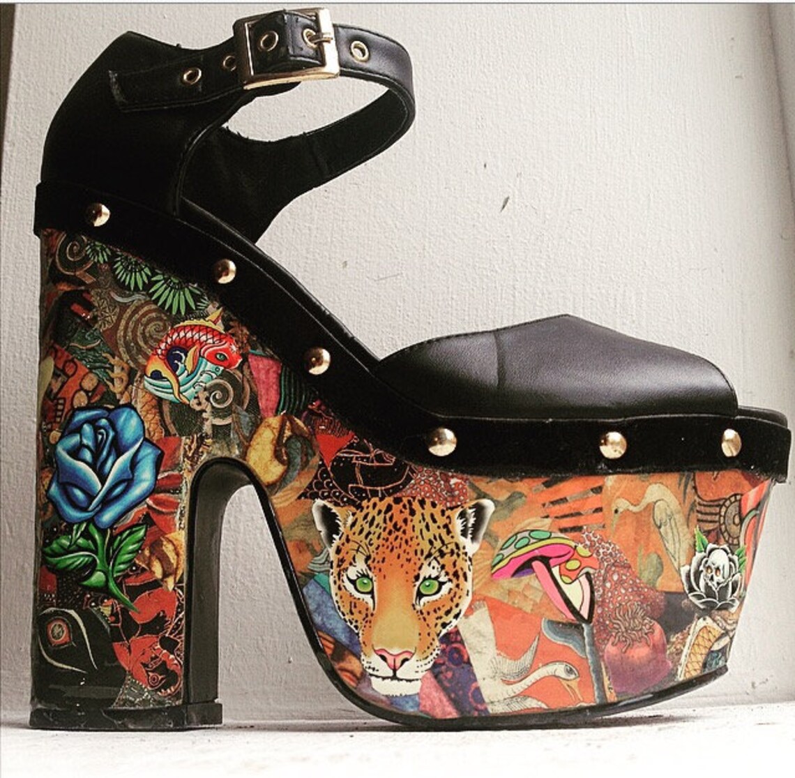 Platform chunky ladies shoes art custom made hand collaged