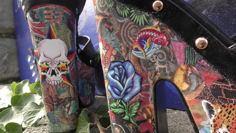 UK size 3 Platform chunky ladies shoes custom made hand collaged One off Unique Hand crafted Gothic Punk Original Art
