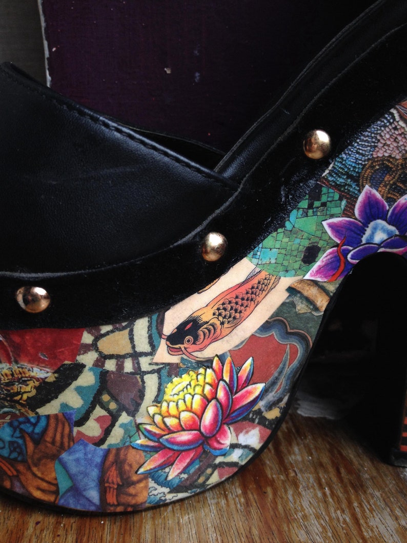 UK size 3 Platform chunky ladies shoes custom made hand collaged One off Unique Hand crafted Gothic Punk Original Art