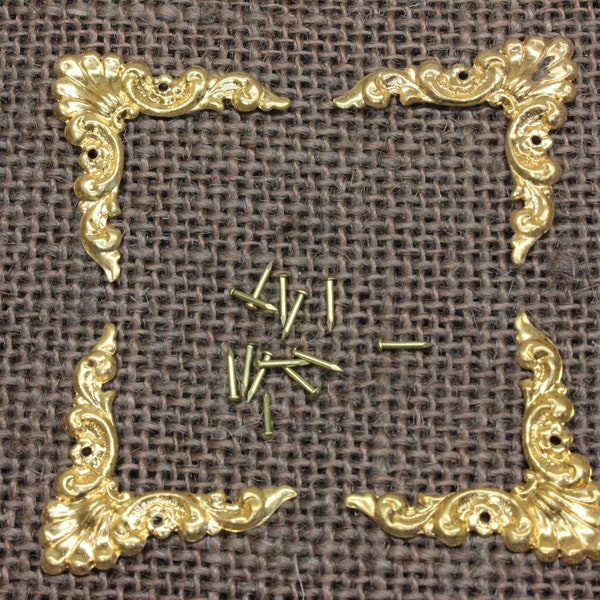 4 old decorative Solid Brass Corners Picture Frame antique vintage 1 1/4” SHELL FEATHERS Appliques ADORNMENTS ~4*153