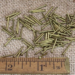 May include: A pile of brass tacks on a burlap surface. A ruler is placed below the tacks, showing measurements in inches.