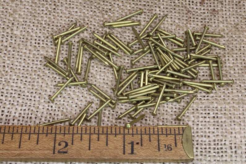 May include: A pile of brass tacks on a burlap surface. A ruler is placed below the tacks, showing measurements in inches.
