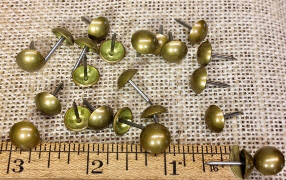 25 old BRASS TACKS 7//16” Diameter vintage upholstery nails domed round heads