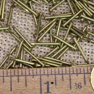 May include: A close-up of a pile of brass tacks, with a wooden ruler measuring 1 inch and 2 inches. The tacks are scattered on a burlap surface.