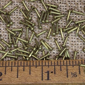 May include: A close-up of a pile of brass tacks on a hessian surface. A wooden ruler with markings in inches is placed below the tacks.