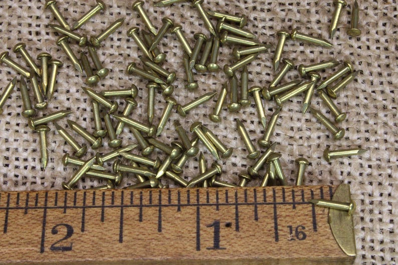 May include: A close-up of a pile of brass tacks on a hessian surface. A wooden ruler with markings in inches is placed below the tacks.