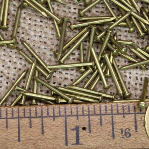 May include: A close-up of a pile of brass tacks on a burlap surface. A wooden ruler with inch markings is visible at the bottom of the image. The ruler shows measurements of 1 inch and 2 inches.