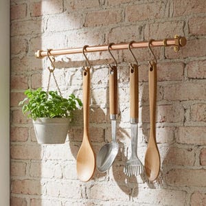 Handmade Copper & Brass Pot and Pan Rail: Kitchen Storage with S Hooks