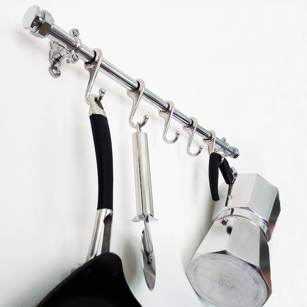 Chrome Kitchen Utensil Rail | Pot And Pan Rack | Chrome Hanging Rail | Kitchen Utensil Holder | Kitchen Utensil Rack