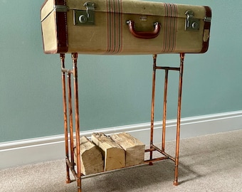 Vintage Suitcase Table | Fire Side Log And Kindling Storage | Copper Side Table