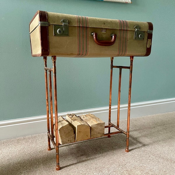 Vintage Suitcase Table | Fire Side Log And Kindling Storage | Copper Side Table