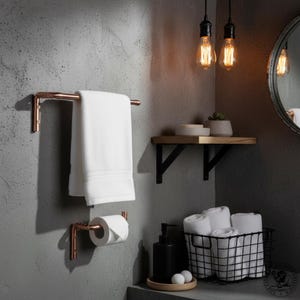 Hand Crafted Copper Toilet Roll Holder & Towel Rail Set