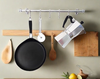 Heavy Duty Chrome Kitchen Rail –  Copper Hanging Pan & Utensil Rail, Industrial Wall Storage