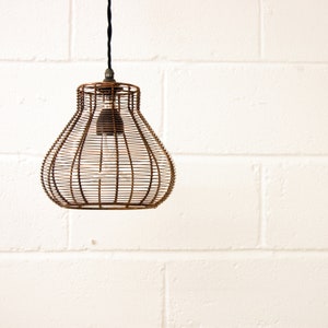 A bronze metal bell cage retro pendant hanging light shade, with a braided cord, suspended in a room, providing a warm, vintage glow.