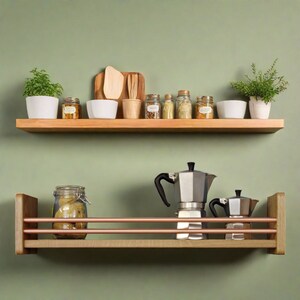May include: Two wooden shelves with a copper wire rack. The top shelf has a variety of small jars and a wooden cutting board with a spoon and spatula. The bottom shelf has two silver coffee makers.