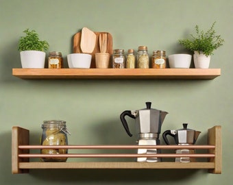 Solid Oak Wall Shelf with Copper Rail: Kitchen Storage