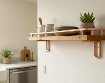 Handgefertigtes Holz Regal mit Kupfer Galerie Schiene & Halterungen