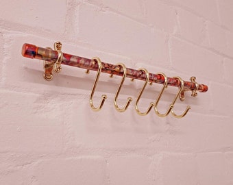 Handmade Antique Copper Pot and Pan Rail: Kitchen Hanging Rack with Brass Hooks