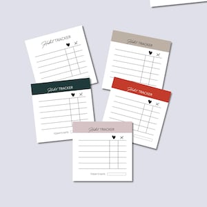 Può includere: Cinque schede di tracciamento delle abitudini stampabili con diversi sfondi colorati. Le schede hanno un cuore nero e una 'X' in alto, con linee per il tracciamento giornaliero. Il testo 'Habit Tracker' e 'Today's Date' è stampato sulle schede.