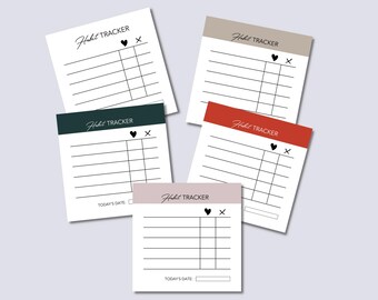 Könnte beinhalten: Fünf druckbare Habit-Tracker-Karten mit verschiedenen Hintergrundfarben. Die Karten haben oben ein schwarzes Herz und ein 'X', mit Linien für die tägliche Verfolgung. Der Text 'Habit Tracker' und 'Today's Date' ist auf den Karten gedruckt.